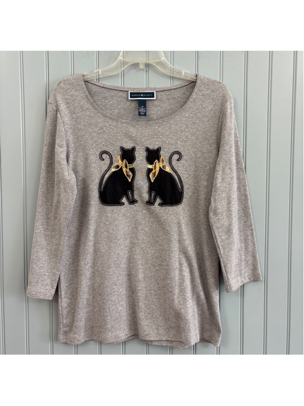 Karen Scott Gray Long Sleeve Tee with Black Cat Applique M